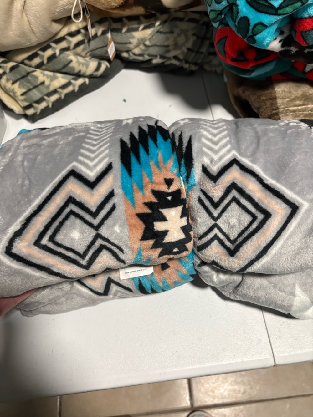 Soft Geometric Aztec Throw Blanket - Gray & Teal